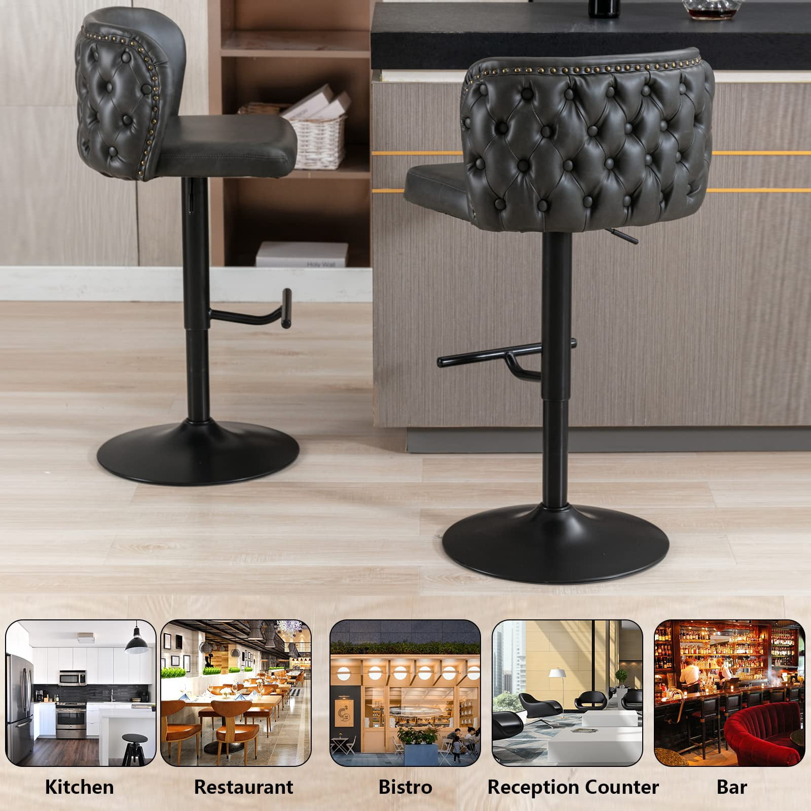DONICK Swivel Counter Height Barstools,Upholstered Bar Stools Adjustable Height Nailhead Button Tufted Kitchen Island (PU,Dark,Set of 2)