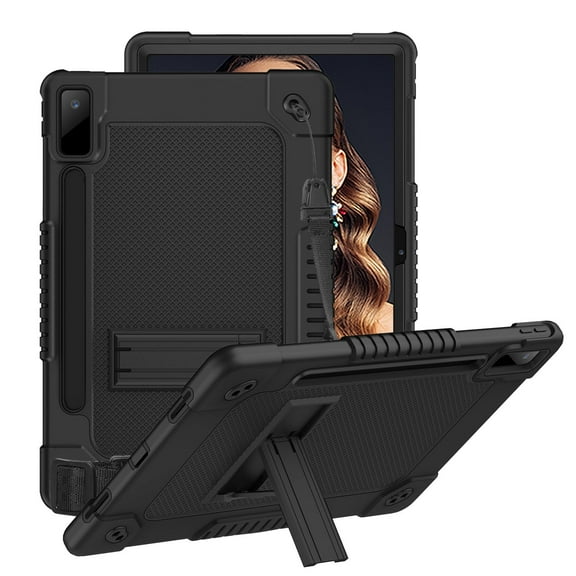 FIEWESEY for Lenovo Tab P12 inch 2023 TB370FU Heavy Duty Cover with Kickstand Shoulder Strap Built in Pen Holder Kids Friendly Shell Case for Lenovo Tab P12 / Lenovo Xiaoxin Pad Pro 12.7" (Black)
