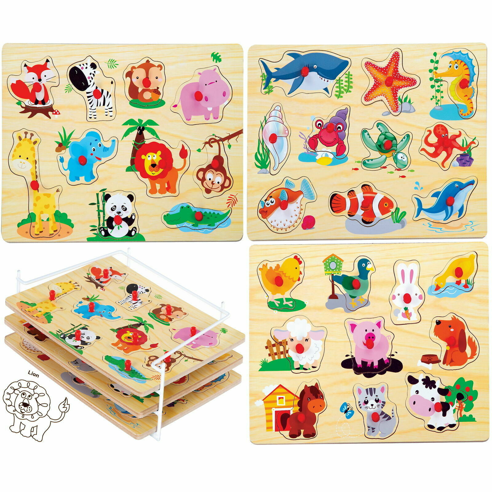 FARM ANIMALS 9 pc Shaped Peg Wood Puzzle 11.5x8.5 Educational Toy Wooden Age 3+ 
