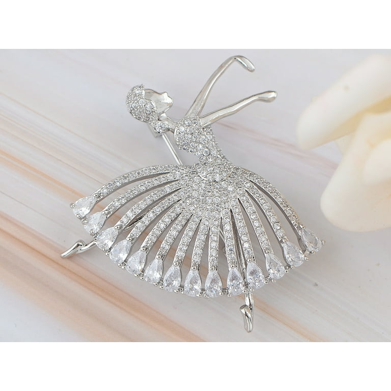 Rhinestone Ballet Dancer Brooches Fashion Crystal Silver Tone