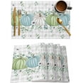thumbnail image 1 of Ensemble de 4 Sets de Table de l'Action de Grâce d'Automne, Citrouilles d'Automne Feuilles d'Eucalyptus Résistantes à la Chaleur, Décorations de Ferme pour Cuisine et Lins Extérieur Intérieur, Carreaux Blanc Bleu Vert Gris, 1 of 6