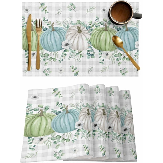Ensemble de 4 Sets de Table de l'Action de Grâce d'Automne, Citrouilles d'Automne Feuilles d'Eucalyptus Résistantes à la Chaleur, Décorations de Ferme pour Cuisine et Lins Extérieur Intérieur, Carreaux Blanc Bleu Vert Gris