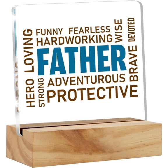 Father Gifts From Son Daughter, Father Desk Decor Acrylic Desk Plaque Sign with Wood Stand Home Office Desk Sign Keepsake Father's Day Birthday Present 4x4 Inch