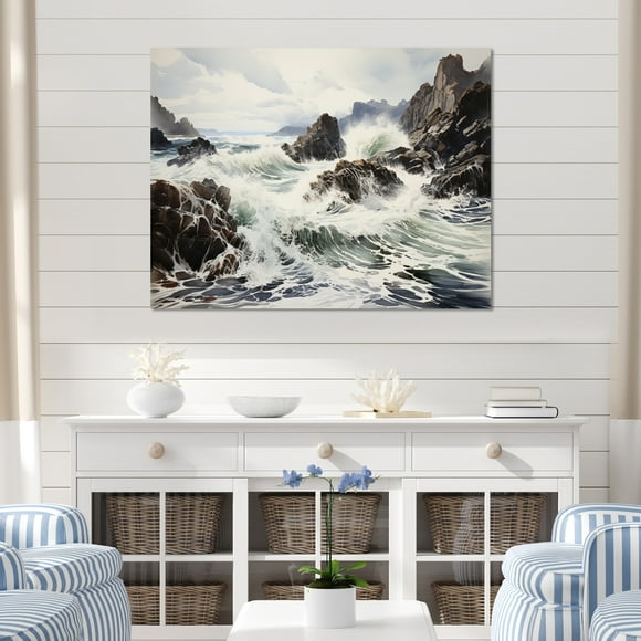 Designart coastal Beach Oversized Wall art decor, Beach Wall Art, Coastal Drama Rocky Beach wall art , White Nautical & Coastal Canvas wall art, 44x34 inches