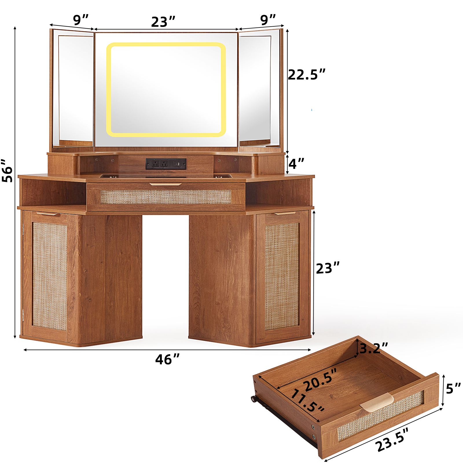 Modern Rattan Corner Vanity Desk, 46" Corner Makeup Vanity Desk with Smart Mirror and Lights, Oak Vanity Desk with Charging Station and 1 Drawer & Shelves for Bedroom, Tea Brown