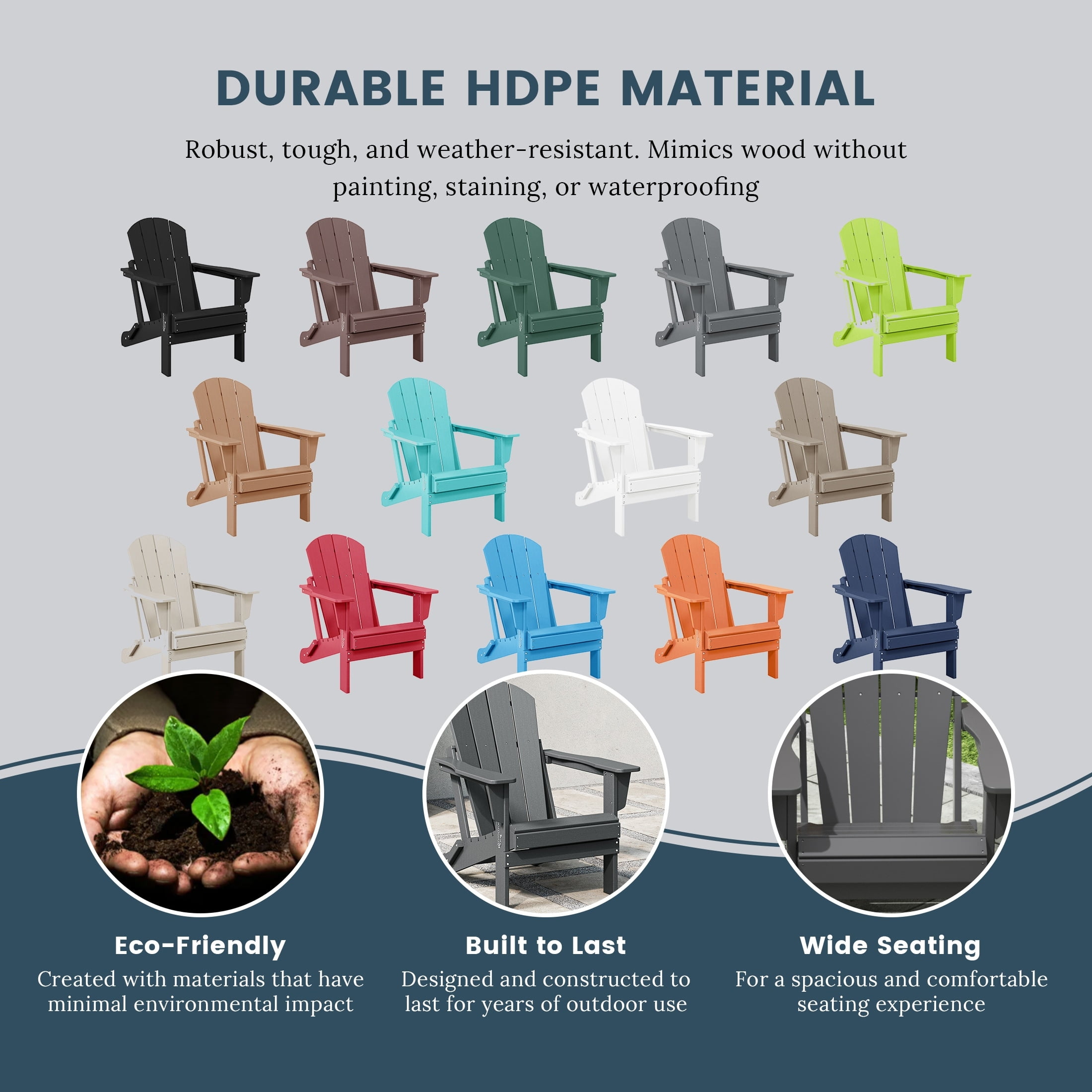 Polytrends  Laguna Weather Resistant Outdoor Patio Folding Adirondack Chair Gray Poly Synthetic Fiber, Plastic