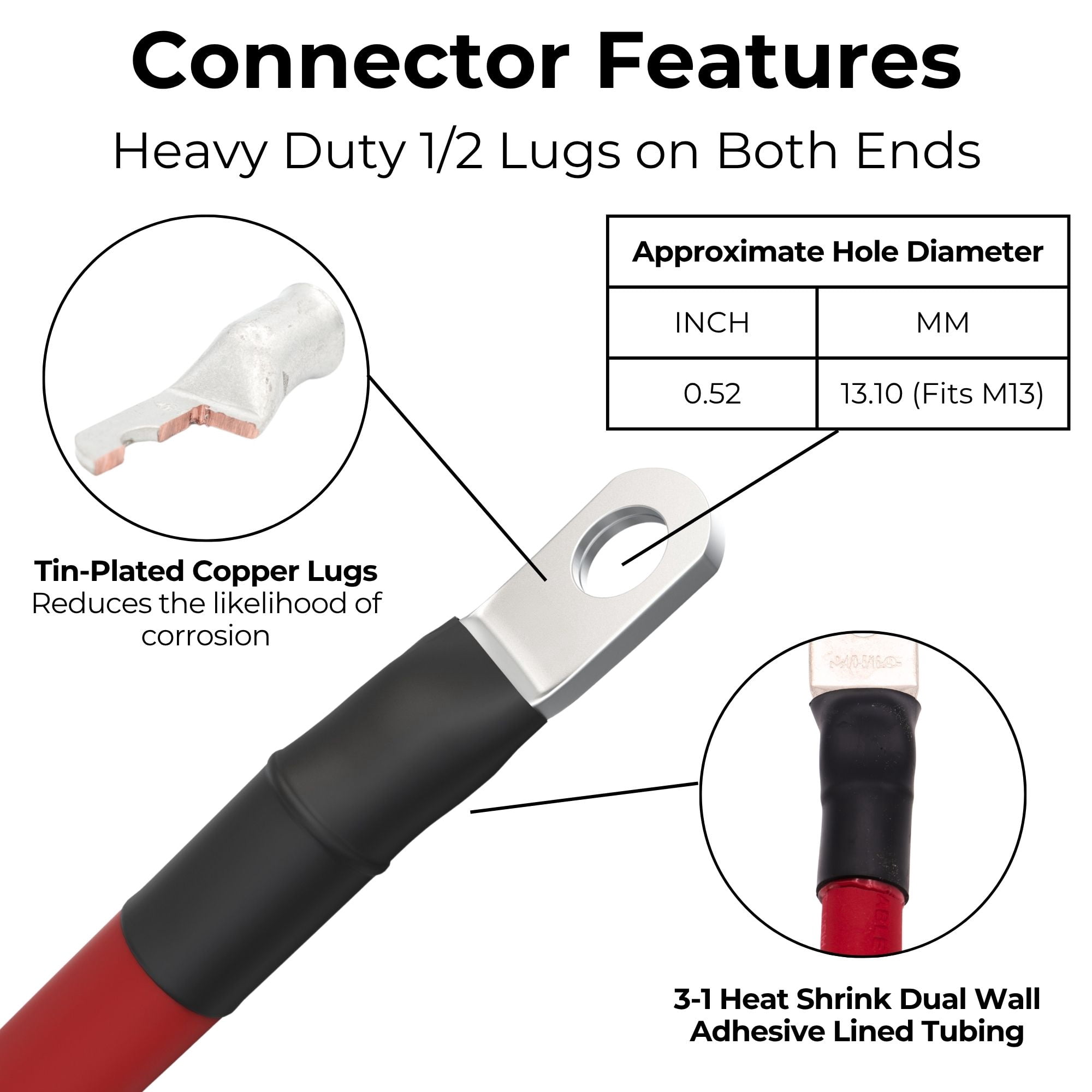 1/0 AWG Battery cable with Terminals, Pure Copper Wire, Auto, Solar Inverter, Welding, Golf Cart Battery Cable, Lawn Mower, Motorcycle (Red Wire, 3 FT (36 in), 1/2" Lugs on Both Ends, 1pc)