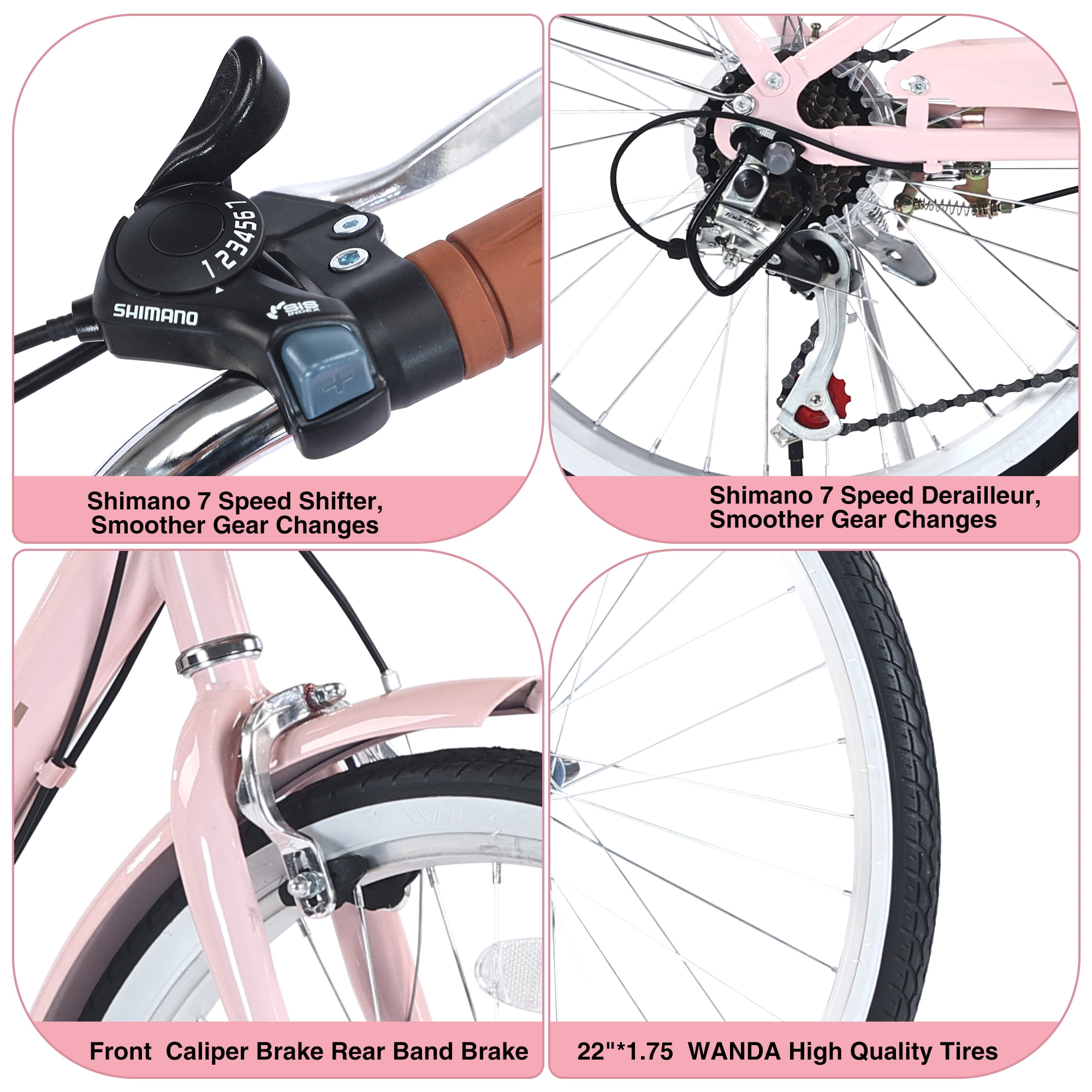 Aukfa Cruiser Bike, Hybrid Bikes with Basket for Girls Kids,Pink