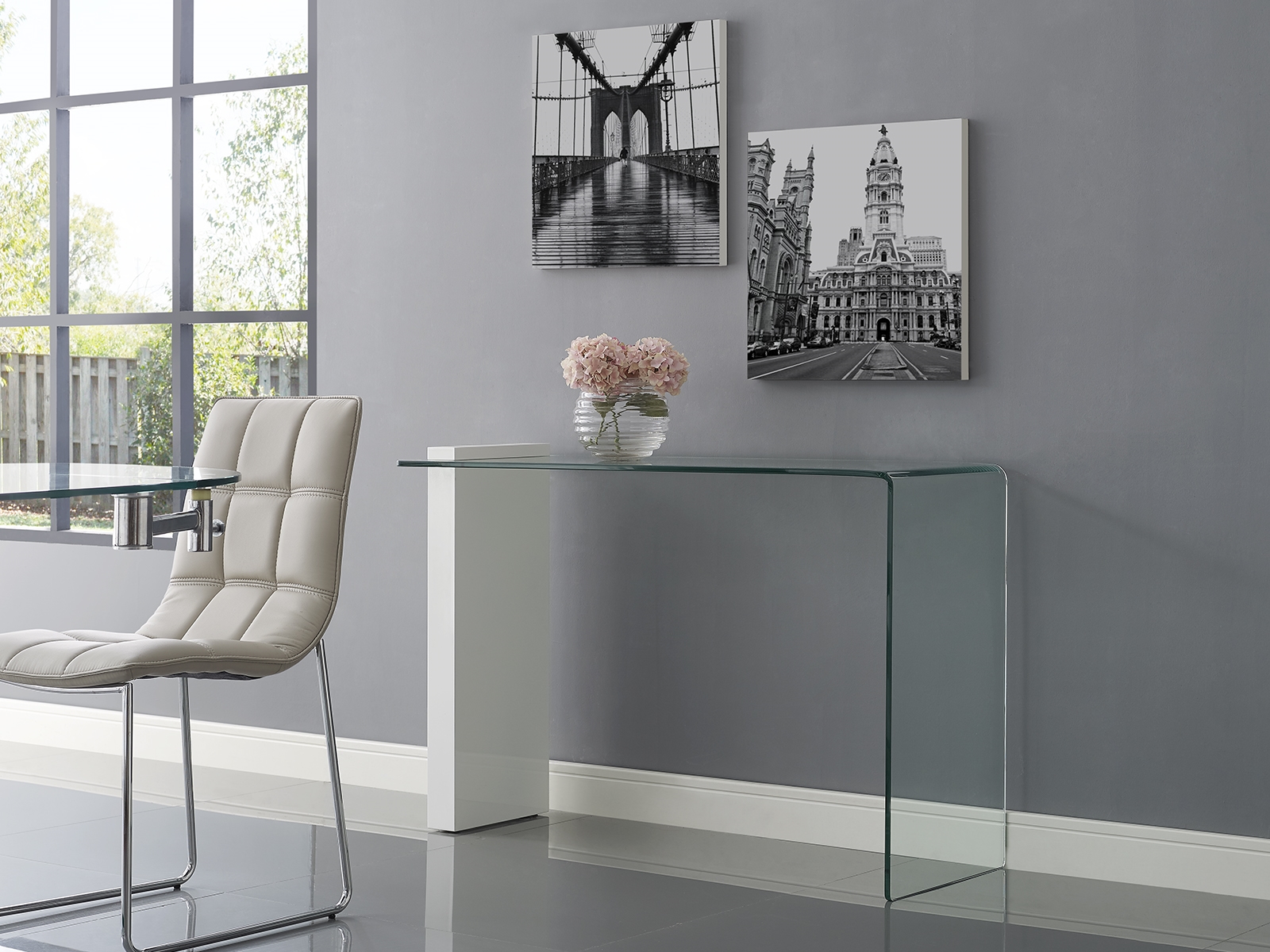 BUONO High Gloss White Lacquer w 1/2 Clear Glass Console Table by