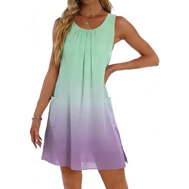 Vestido Formal Largo Impreso de Gasa Suelta con Cuello Redondo Y Bolsillos de Parche, Vestido Casual Largo para las Mujeres Primavera Verano