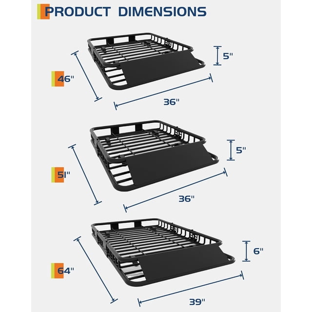 OUYAWEI 64x39x6in Universal Roof Rack Carrier Basket 200 Lbs Capacity Car Cargo Rack Extension Luggage Holder Three-section
