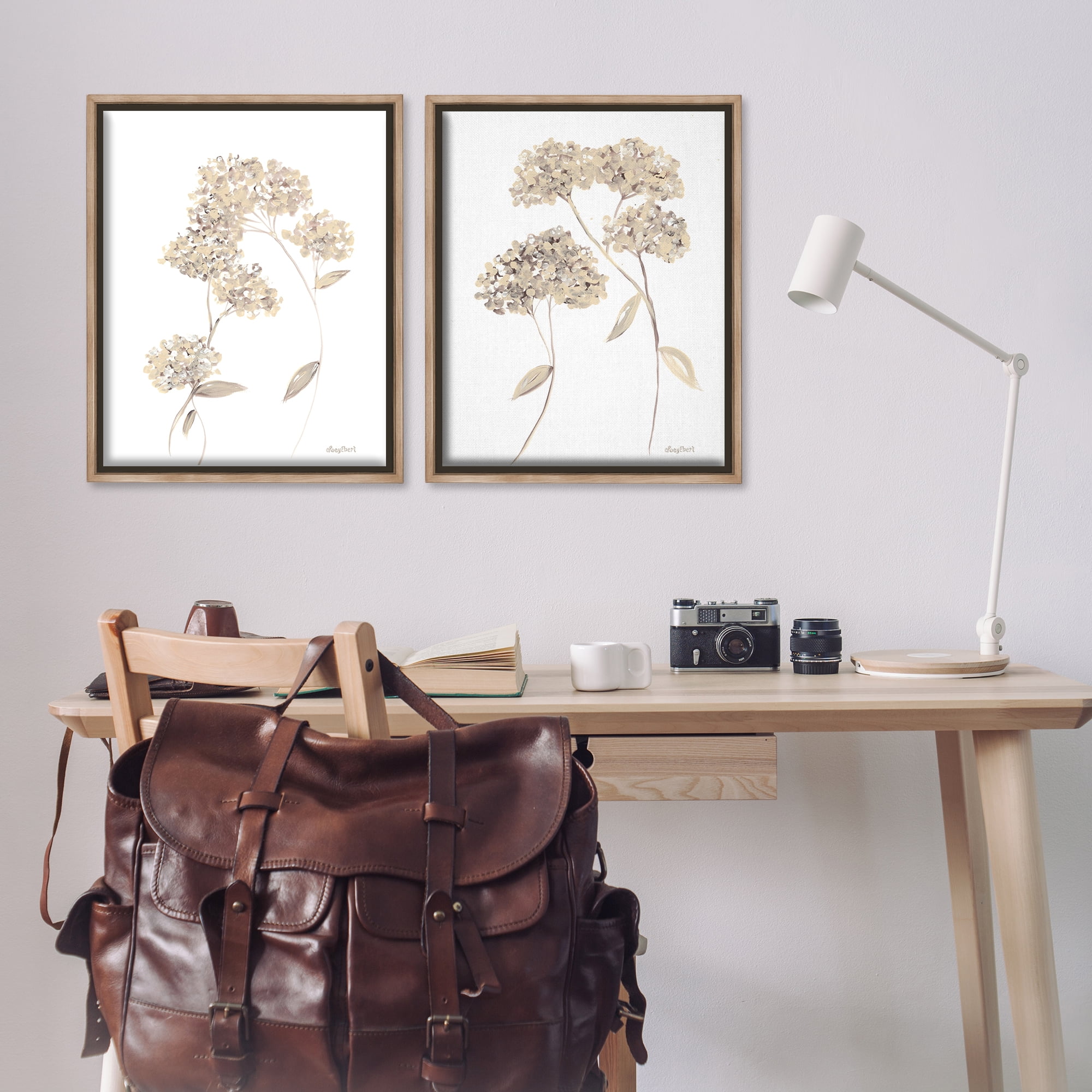 Stupell Industries Plain Beige Blossom Sprig Plants & Flowers Painting Brown Floater Framed Canvas Art Print Wall Art, 31 x 25, Set of 2