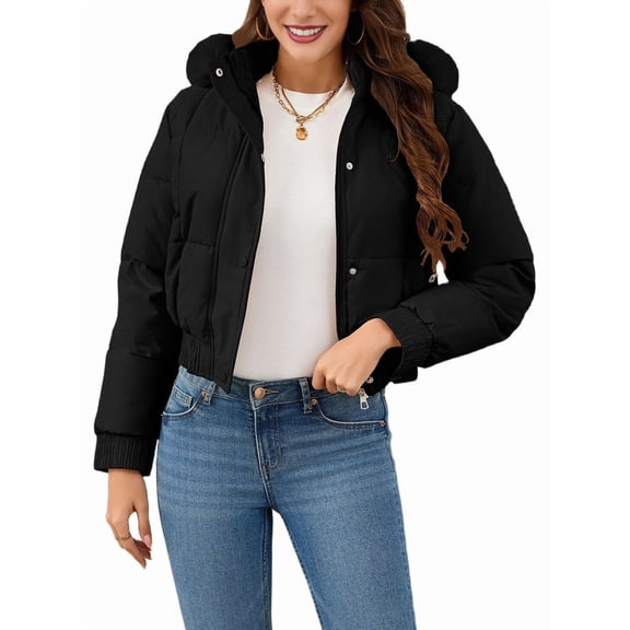 Women'S Cropped Faux Fur Hooded Winter Warm Padded Coat Stand Collar Quilted Down Coats with Zip Pocket Black XL
