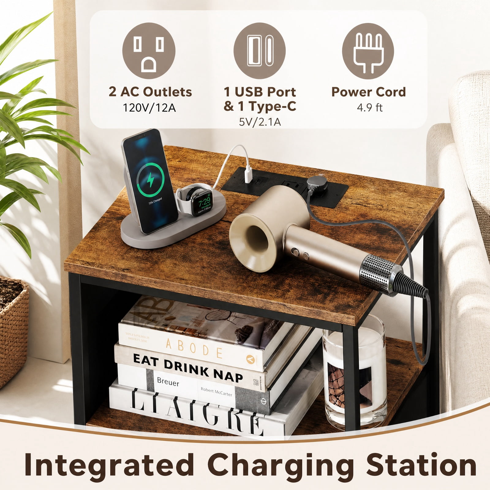 Furnibear 34-Inch Nightstand Dresser with Charging Station and 4 Fabric Drawers, Rustic Brown and Black