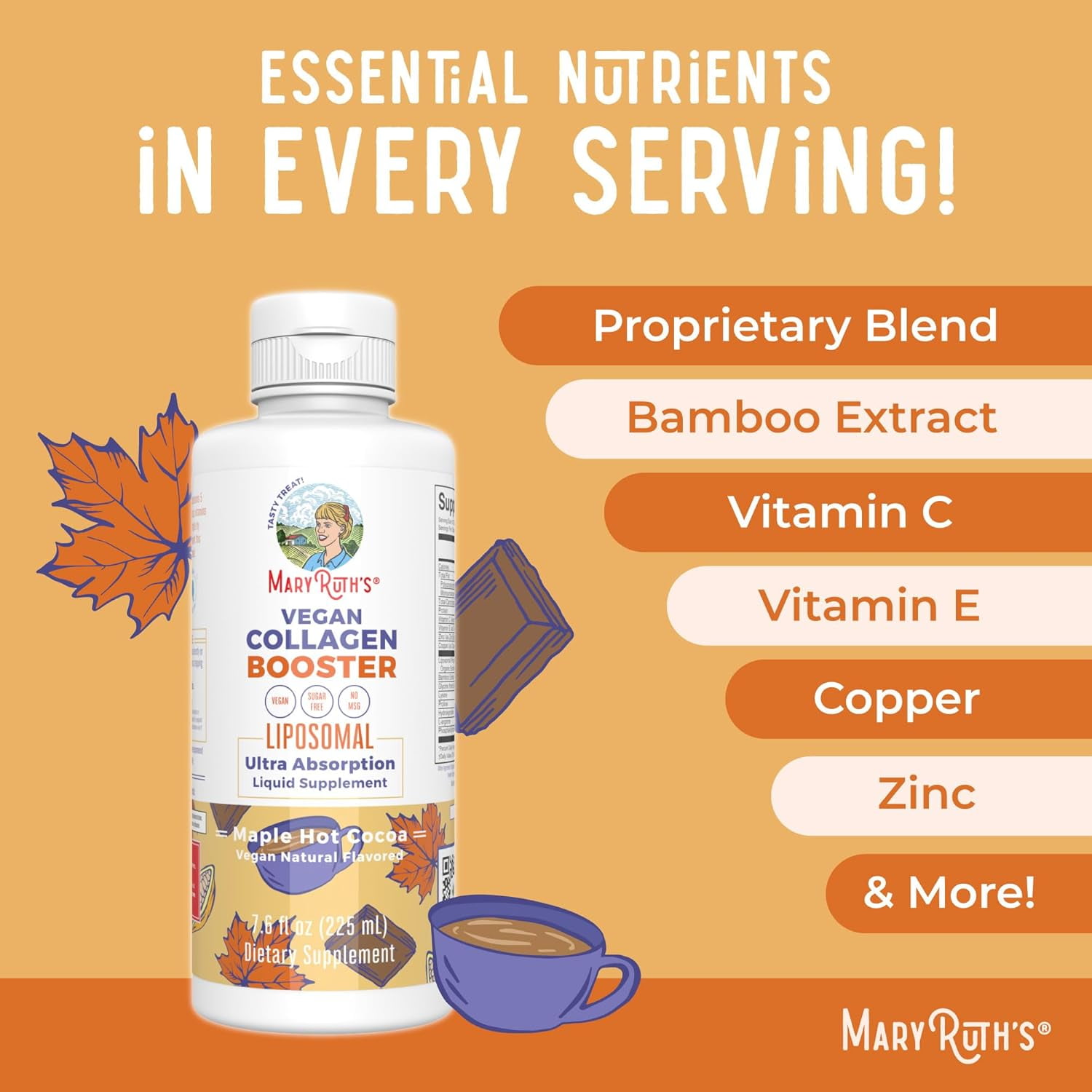 MaryRuth's Collagen Booster Liposomal Vitamin C, E, Zinc, Copper, Maple Hot Cocoa Flavor, Vegan, Adults, Unisex, 1-Count, 7.6 fl oz (225 mL)