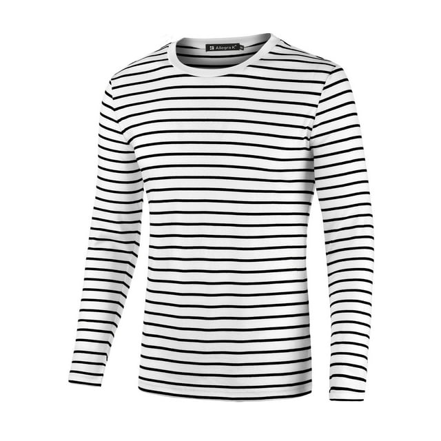 INSPIRE CHIC T-shirt à Manches Longues à Col Rond Rayé pour Homme en Coton, Haut à Enfiler Noir et Blanc 50