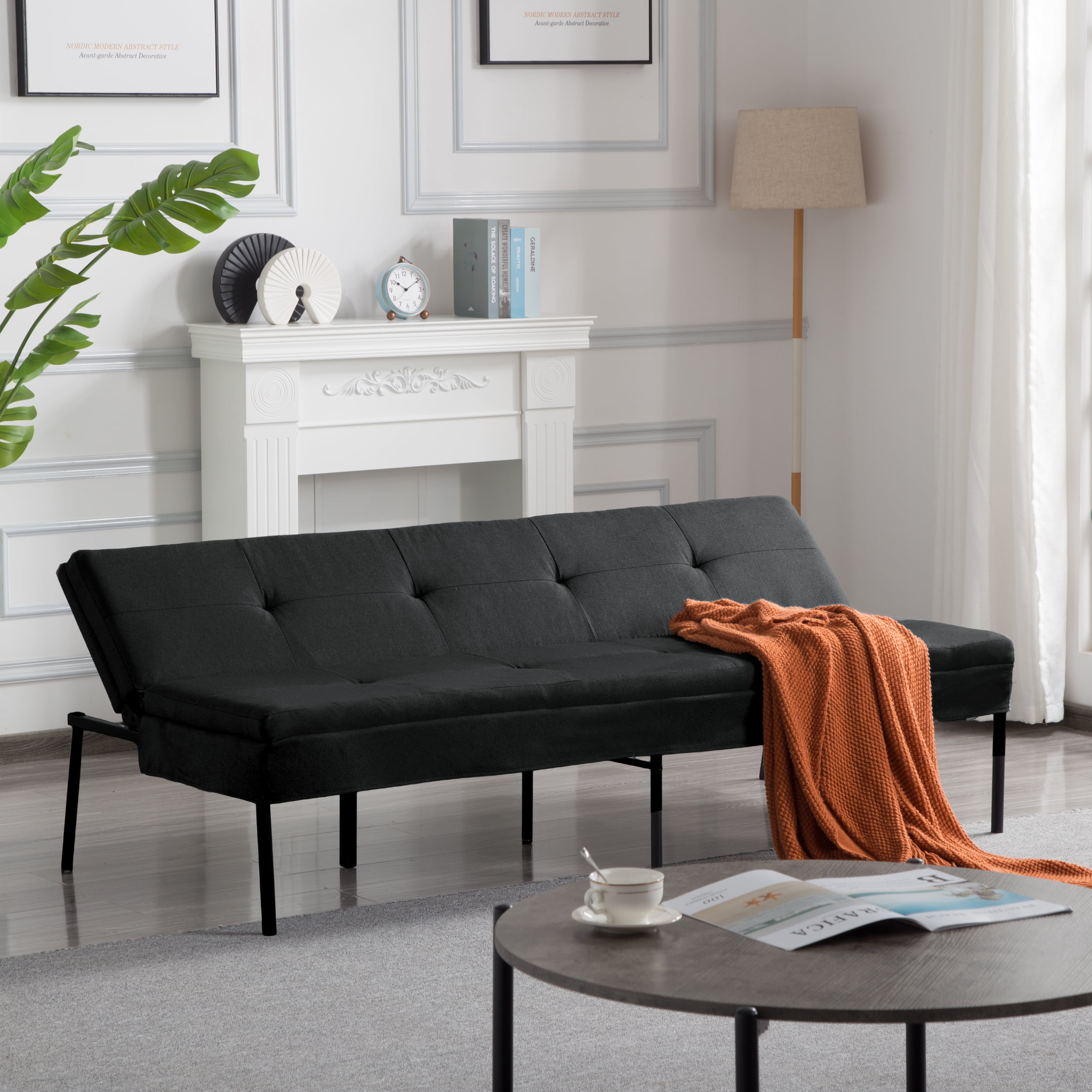 BSHTI 69.88" Futon Sofa Bed with 5 Adjustable Positions – Polyester Fabric Convertible Sleeper Couch with Iron Frame, Clean-Lined Modern Design for Living Room, Apartment, Office, Dormitory, Black
