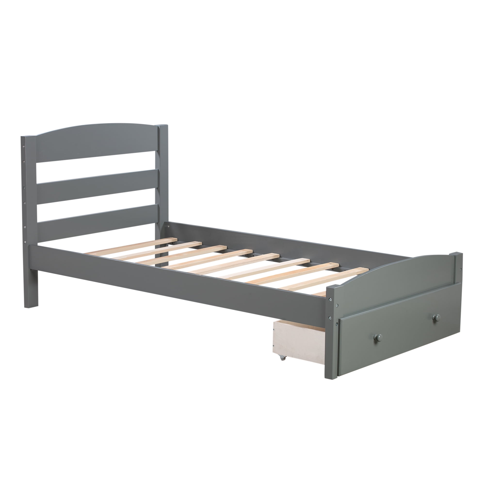 Kepooman Twin Size Modern Bed Frame with Storage Drawer, 79.5”L X 41.3”W X 36.1”H, Gray Kepooman Twin Size Modern Bed Frame with Storage Drawer, 79.5”L X 41.3”W X 36.1”H, Gray
