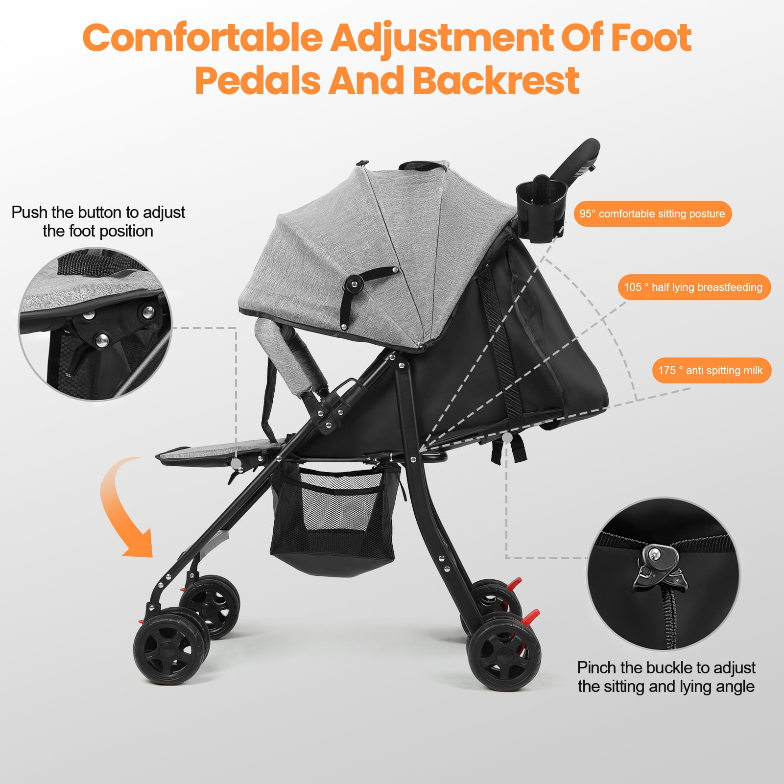 Tereitr Travel Baby Stroller, One-Hand Folding Infant Pushchair with Adjustable Backrest, Canopy, Storage Basket, Up to 10kg