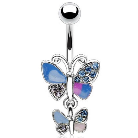 Body Accentz Belly Button Ring Navel Double Butterfly Body Jewelry Dangle 14 Ga