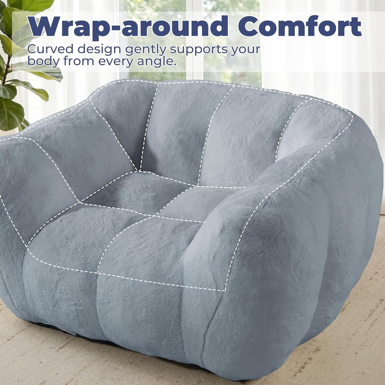 Giant Plush Cloud Bean Bag Chair for Adults, Cozy Comfy Reading Floor Sofa for Bedroom or Living Room, Grey