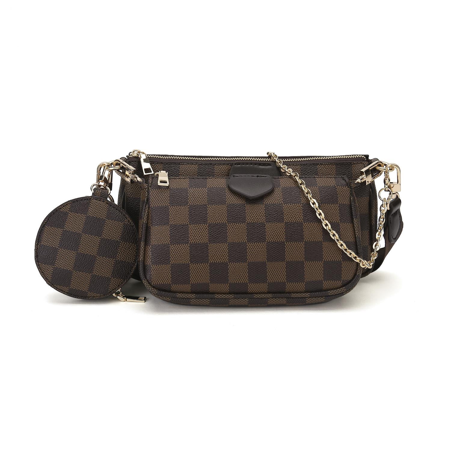 Mika Checked Chain And Purse Detail Cross Body Bag In Brown Faux