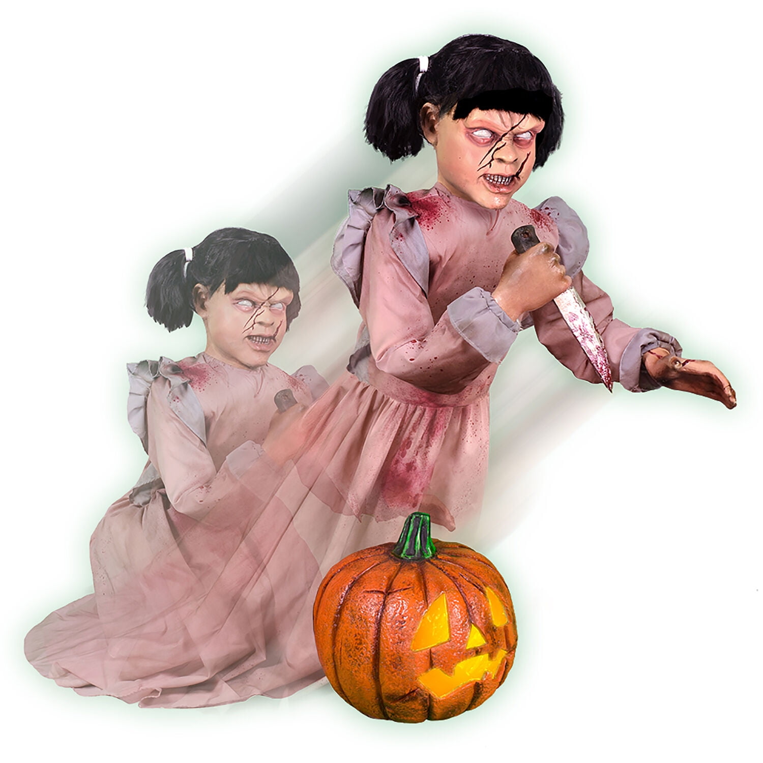 Lunging Pumpkin Carver Zombie Girl with Jack O'Lantern by Tekky,  3.2 ft Premium Talking Halloween Animatronic, HHPMPCVR-FLSA