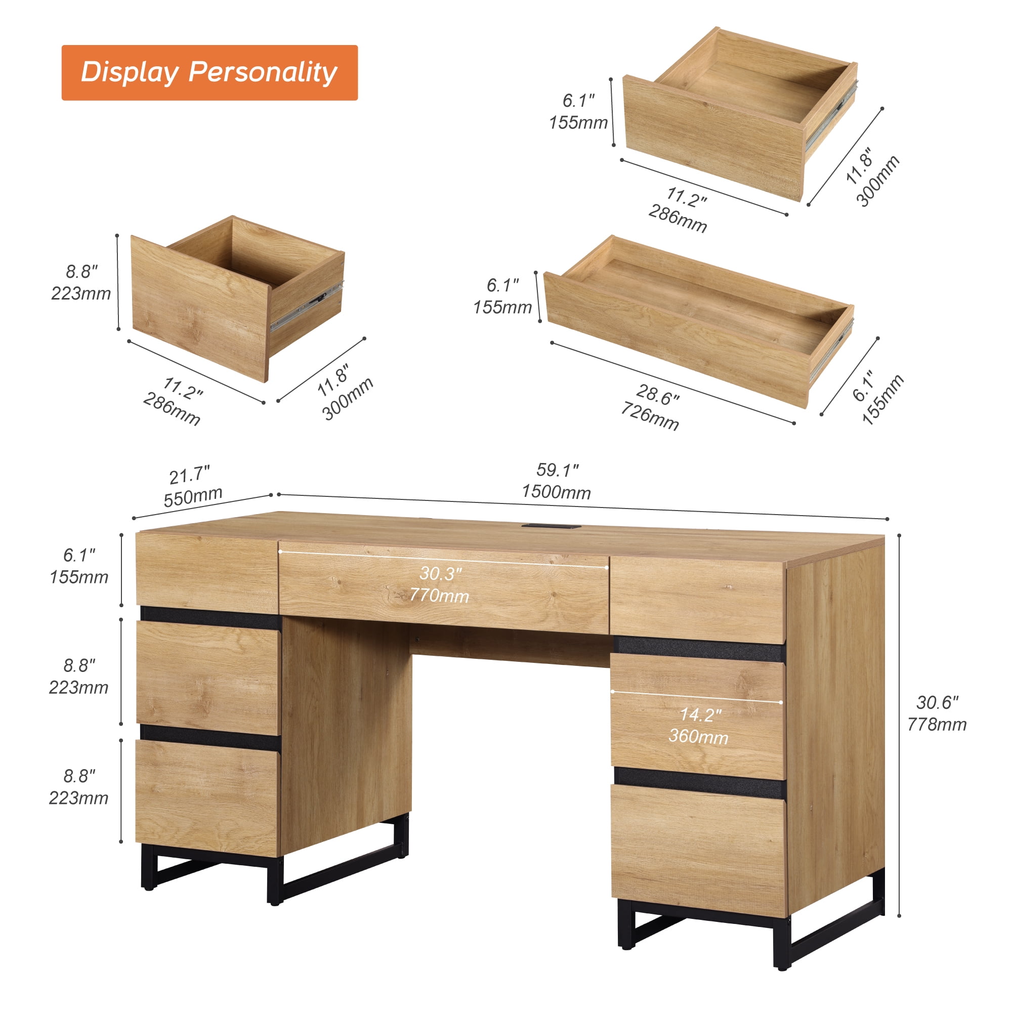 WAMPAT Home Office Furniture Set: 59in Modern Executive Desk with Charging Station & Drawers and Two 72in Tall Bookcases with Storage Cabinet, Home Office Furniture for Living Room, Oak