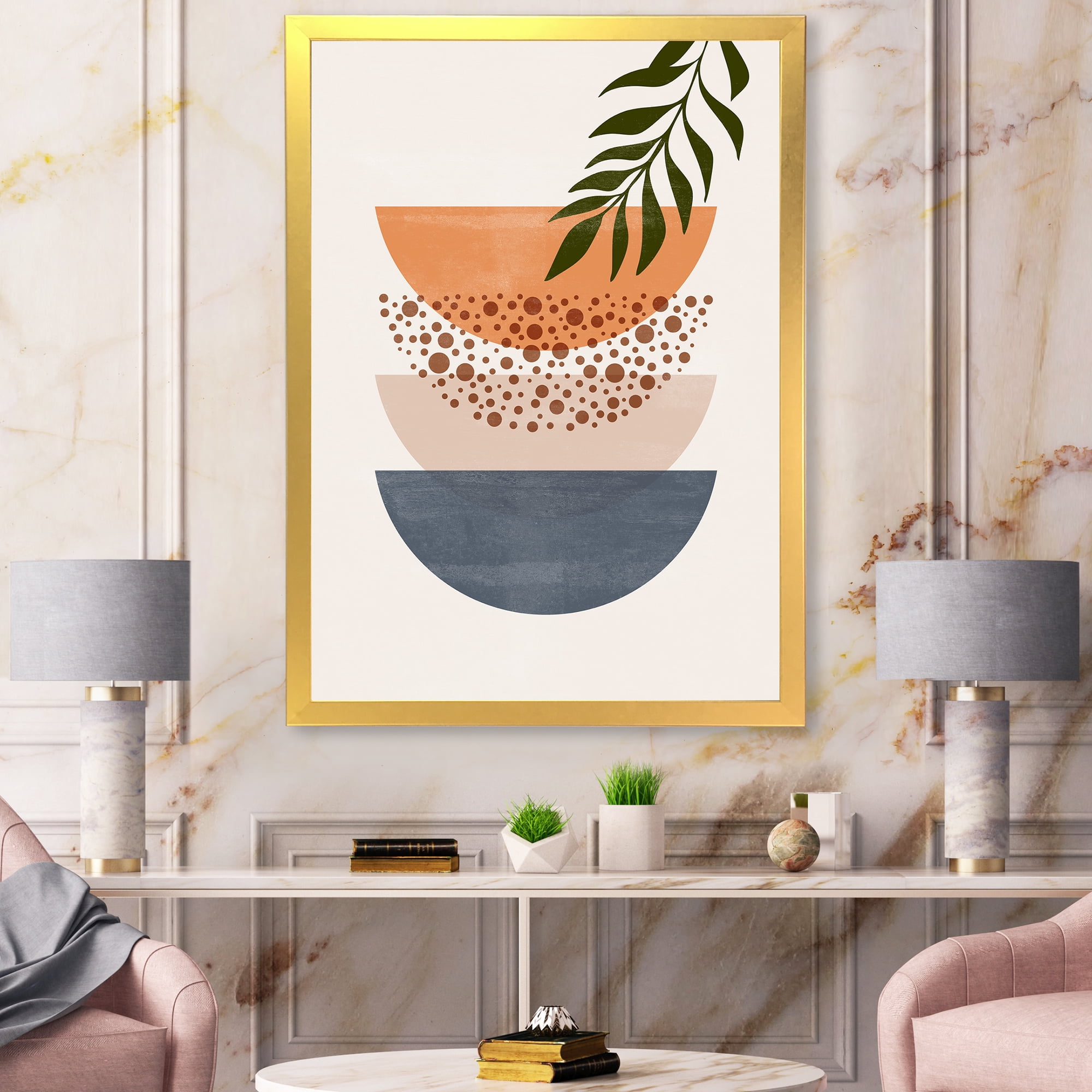 Designart 'Abstract Geometrical Moon and Sun With Leaf III' Modern Framed Art Print