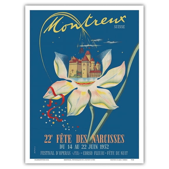 Montreux Switzerland - 22nd Annual Narcissus Festival - Vintage Travel Poster by A. Dutoit c.1952 - Master Art Print (Unframed) 9in x 12in