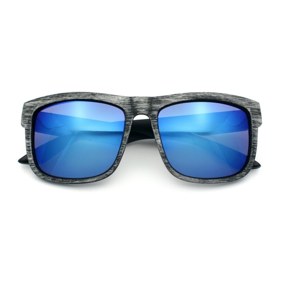 Kush Mirrored Brushed Plastic Wood Grain Iconic Horn Rim Sunglasses Grey Wood - Blue Mirror