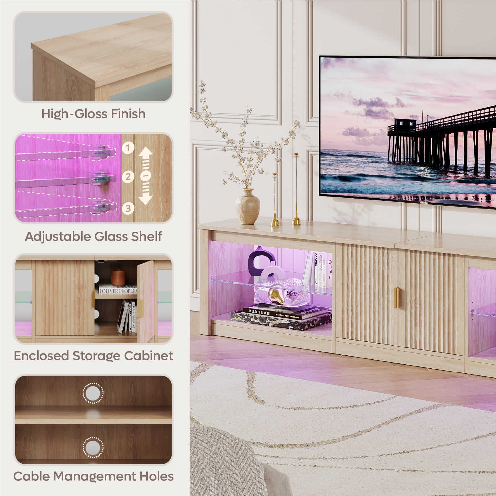 Bestier 80 inch TV Stand for TVs up to 85", Entertainment Center with LED Lights & Storage Cabinet, Farmhouse Fluted TV Console, LOG