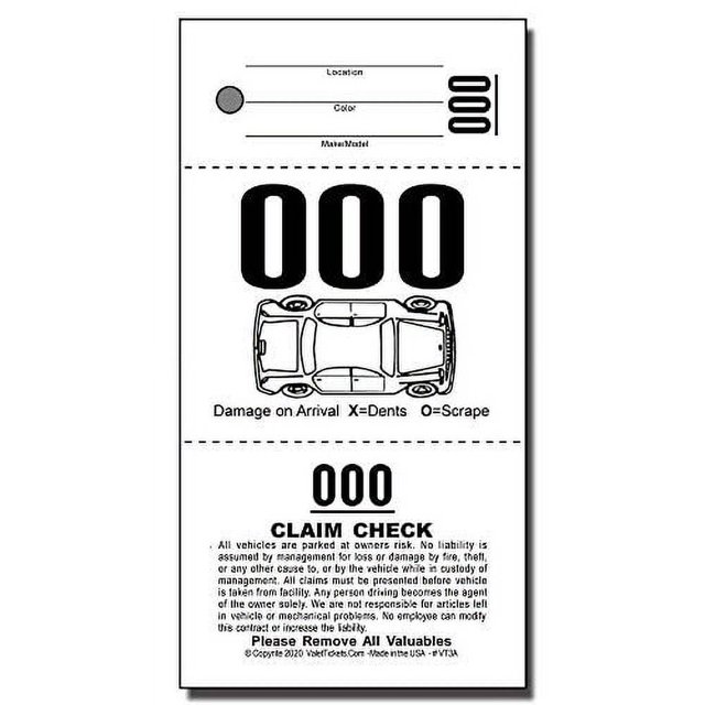 3 Part Valet Parking Tickets (3000 Tickets) on 110lb Card Stock, with Car Diagram…