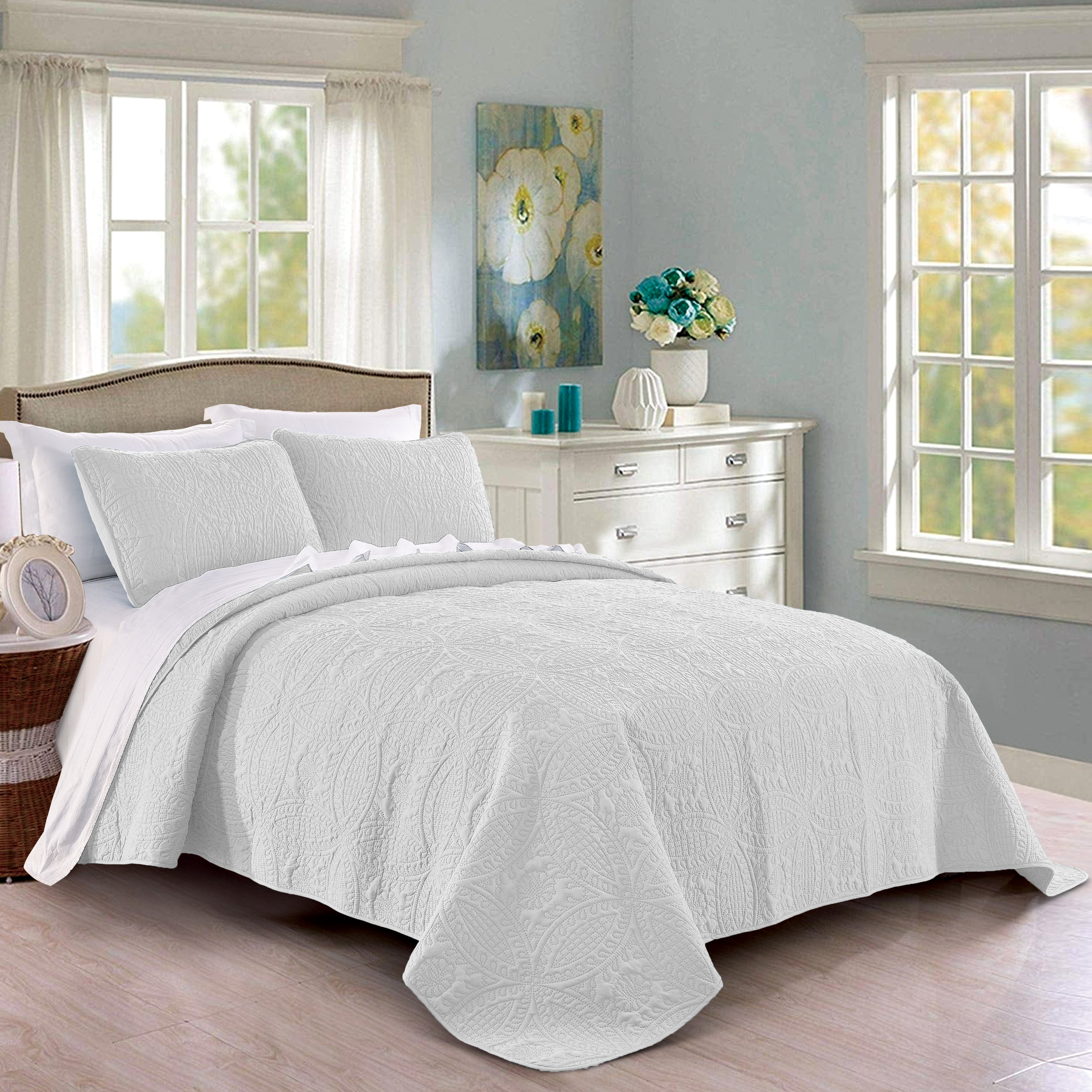 Details about   Chezmoi Collection 3-Piece Solid Modern Quilted Bedspread Coverlet Set King, Wh 