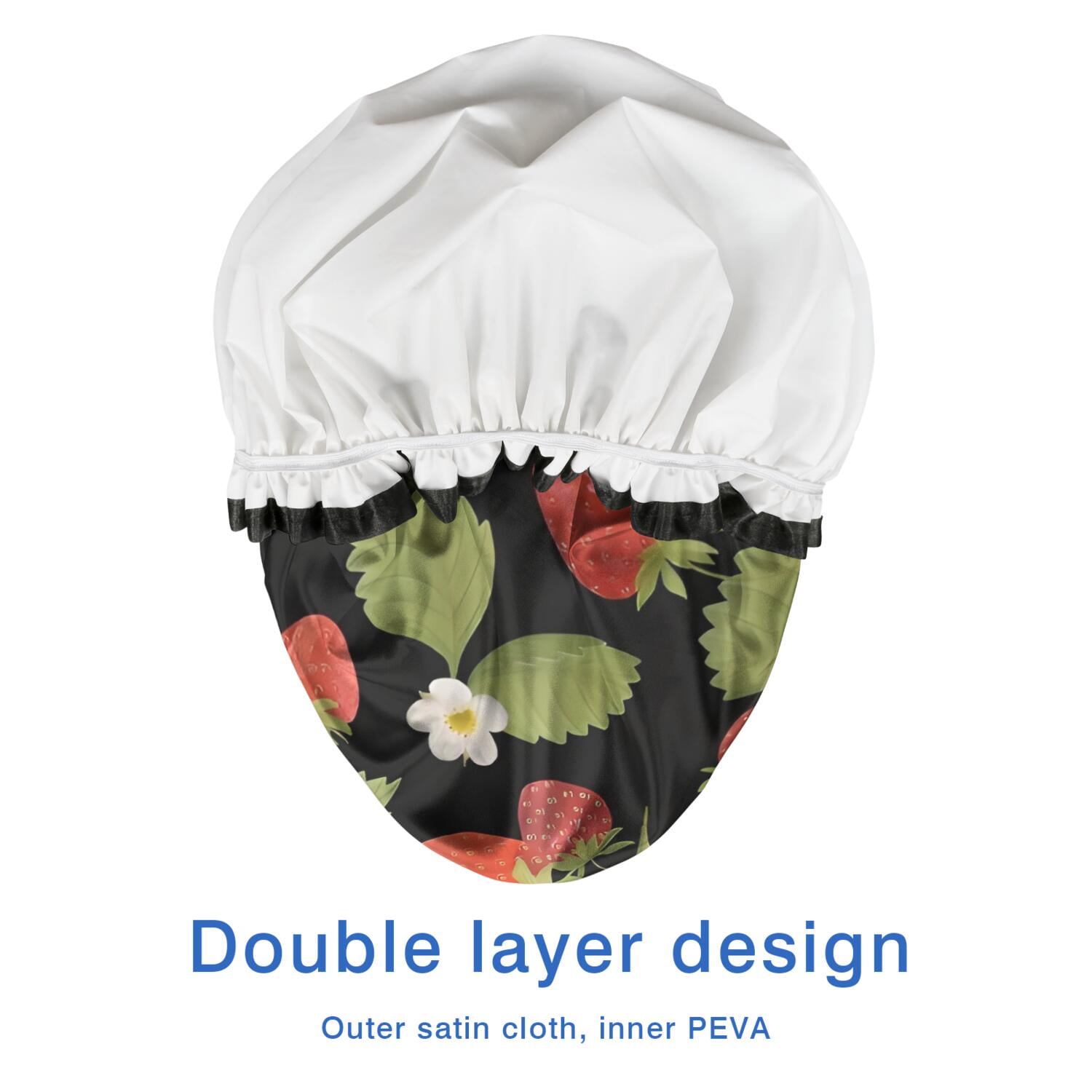 Shower Caps,Red Strawberry Plants Fruit Leaf Black Pattern Waterproof Shower Cap for Women 4 Pieces,Double Reusable Hair Cover for Shower PEVA Elastic Stretch Hem
