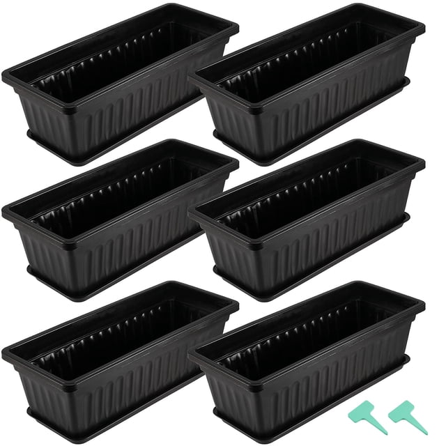 HAKZEON 6 Pack 17 Inches Plastic Flower Box Planters with Trays, Countryside Flower Window Boxes with 30 Plant Labels, Black Rectangular Vegetable Planters for Windowsill