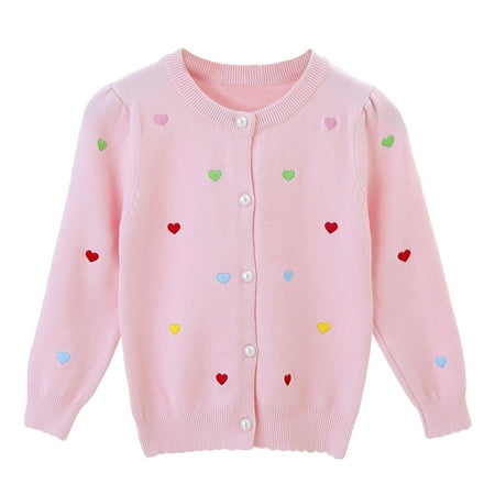 

Toddler Girls Heart Embroidered Knit Cardigan Fall Winter Warm Long Sleeve Casual Button Sweater Coat for Kids 1-7 Years- Pink