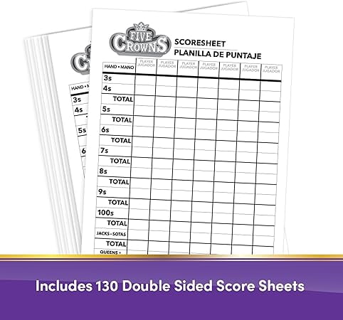 Five Crowns Scorepad 130 Score Sheets Double Sided Points Reference French English Spanish Track 7 Players at Once for Ages 8+