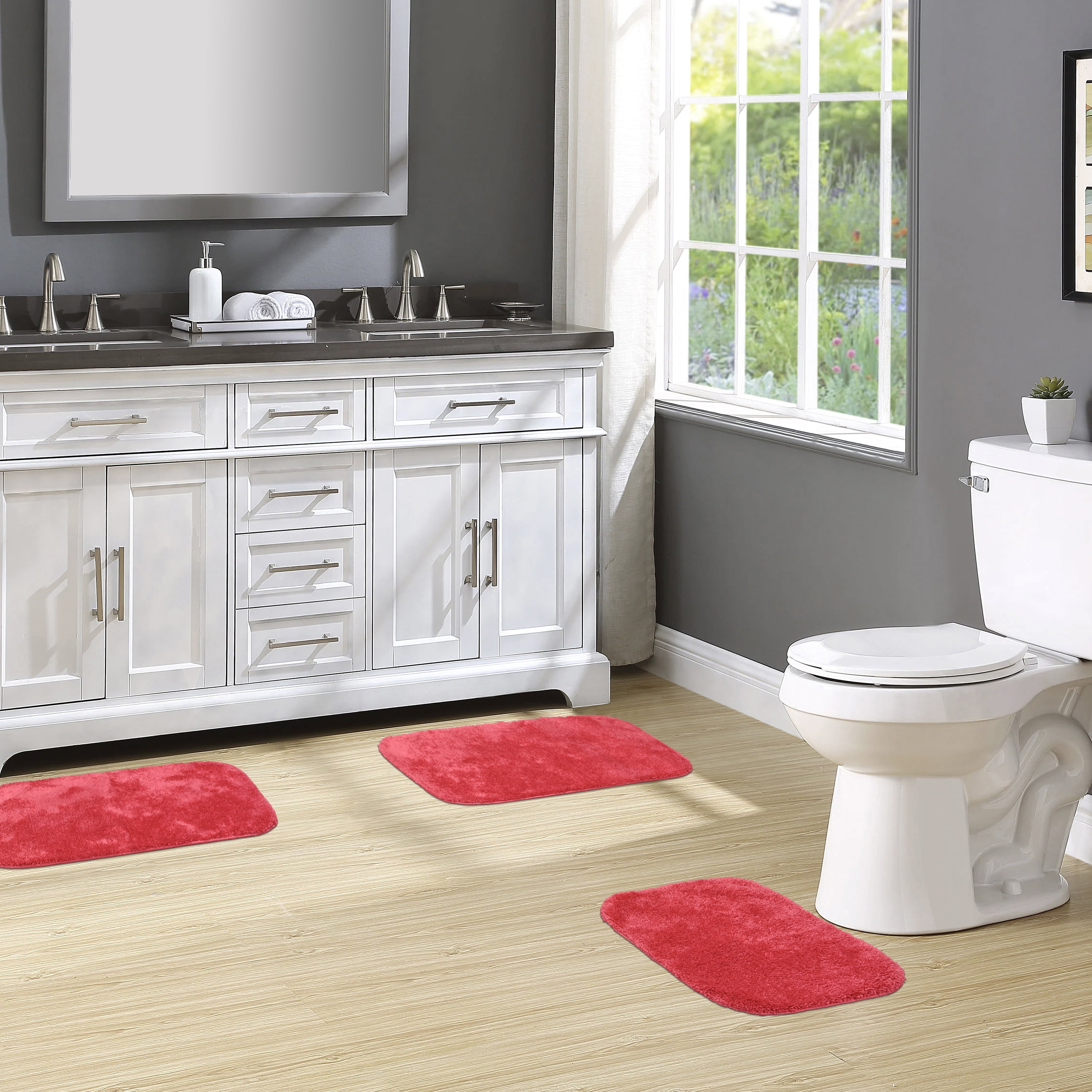 Garland Rug Traditional Washable Bath Rug Set, 3-Piece Set (17"x24" Bath Rug and Two 21"x34" Bath Rugs) Pink Hibiscus