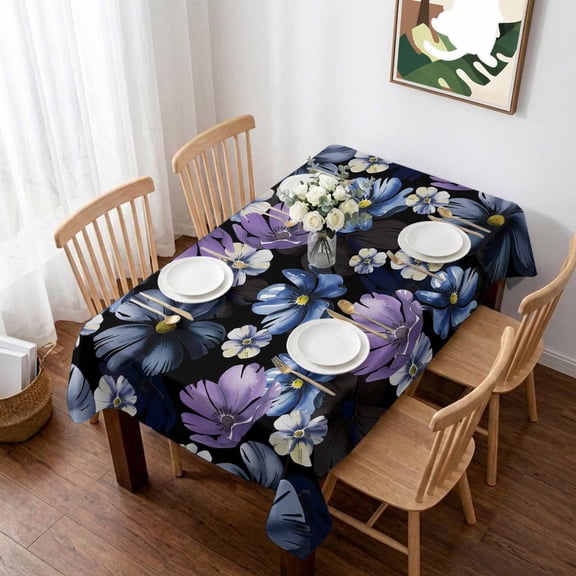 Blue Flower Table Cloth Waterproof Tablecloths, Purple Floral Vintage Country Watercolor Tablecloth Dining Table Cover for Kitchen Party Tabletop Outdoor, Rectangle Tablecloth 60x102 Inch