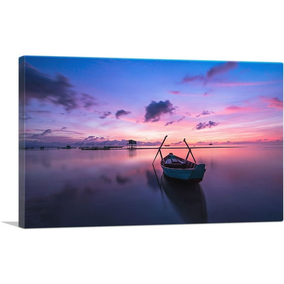 ARTCANVAS Boat On The Lake Home Decor Rectangle Canvas Art Print - Size: 12" x 8" (0.75" Deep)