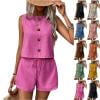 Womens Summer 2 Piece Linen Sets Sleeveless Button Crew Neck Vest Tops Matching Shorts Set Travel Vacation Casual Outfits,Hot Pink,L