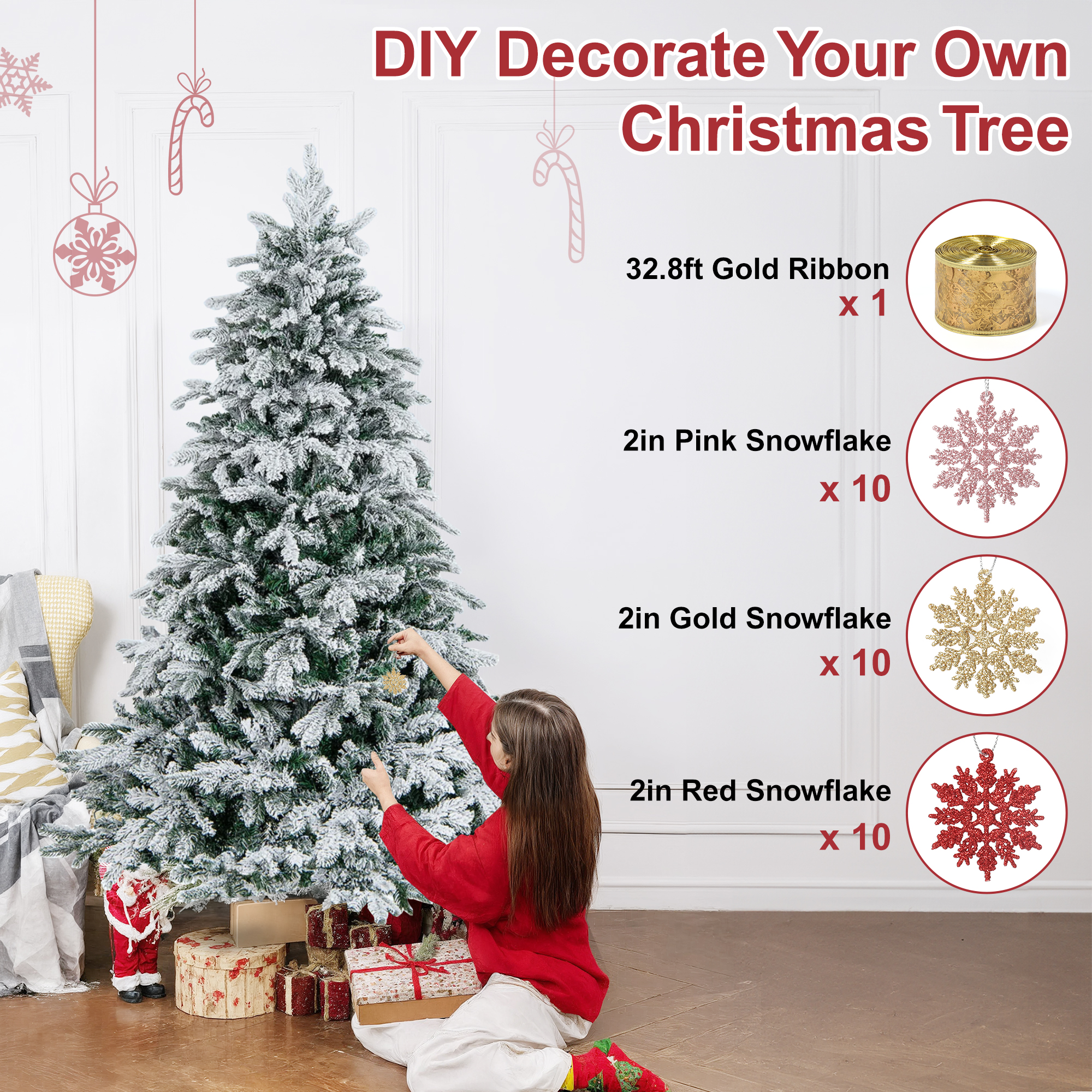 Firstness 7.5ft Pre-Lit Artificial Christmas Tree with 600 LED Lights,Snow Flocked Xmas Tree