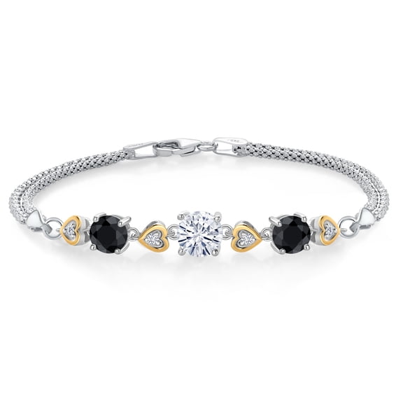 Gem Stone King 925 Sterling Silver and 10k Yellow Gold White Moissanite Black Sapphire and White Lab Grown Diamond Bracelet for Women (3.58 Cttw, Round 7MM and 6MM, 6.5/7/7.5 inch, Made in Italy)