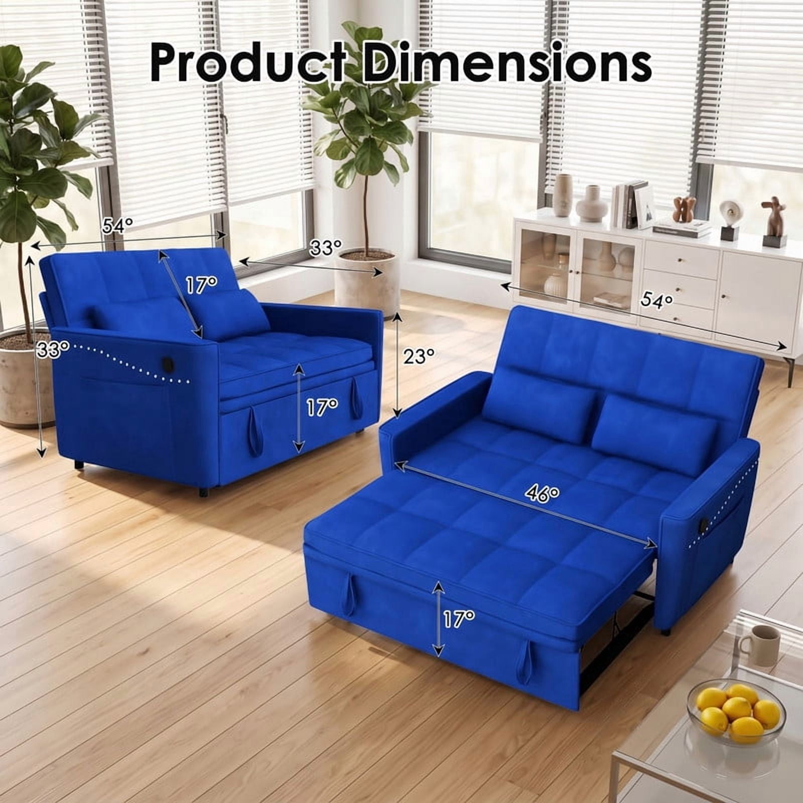 Anpport 54" 3‑in‑1 Convertible Sofa Bed, Sleeper Couch with USB Charging Port, Nailhead Trim & Throw Pillows, Loveseat for Living Room Apartment Small Space, Blue