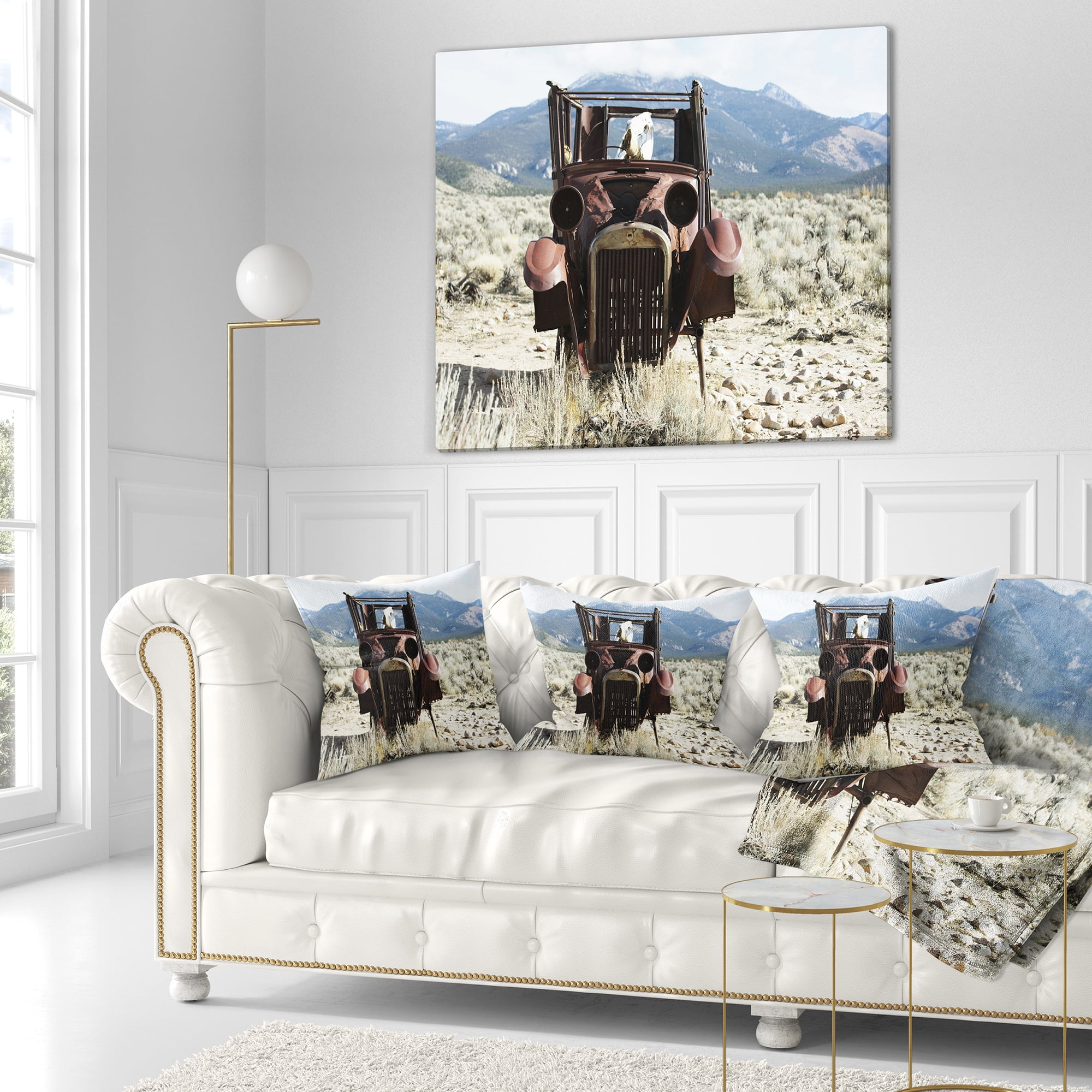 Designart Retro Car in Mountainous Area - Landscape Printed Throw Pillow - 18x18