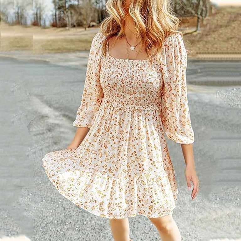 TIANZEN Womens Spring Summer Dresses Boho Floral Square Neck Smocked 3/4 Sleeve Casual A Line Swing Mini Dress Long Sleeve Fall Dresses for Women Bump Friendly Dress Womens Dresses for Summer - TIANZEN Womens Spring Summer Dresses Boho Floral Square Neck Smocked 3/4 Sleeve Casual A Line Swing Mini Dress Long Sleeve Fall Dresses for Women Bump Friendly Dress Womens Dresses for Summer -