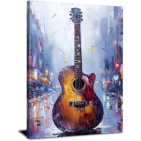 Acoustic Guitar Canvas Wall Art, Modern Oil Painting Style Music Cityscape Print, Abstract Guitar Artwork for Living Room Bedroom Home Decor, Ready to Hang