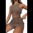 thumbnail image 2 of Conjuntos de Verano para Mujer, Conjunto Informal de 2 Piezas con Top Corto y Pantalones Cortos de Punto Gofre, Ropa de Dormir, Color Café, Talla S, 2 of 9
