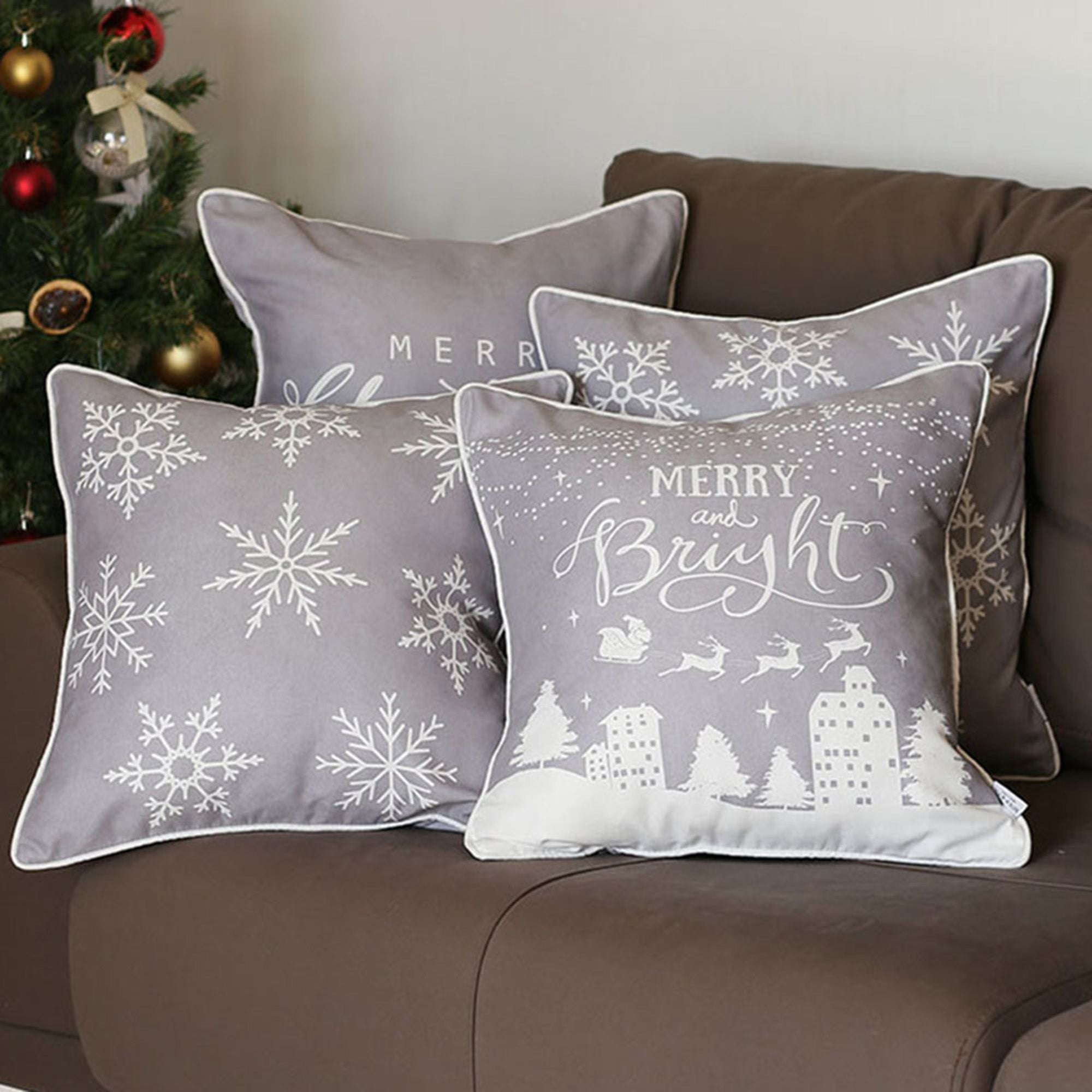 Gray and White Christmas Polyester Euro Pillow Covers Set of 4